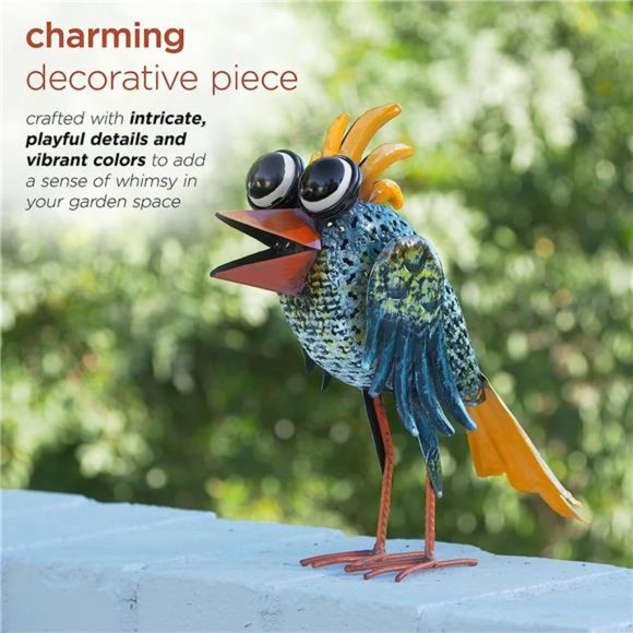 11"Tall Metal Wide-Eyed Bird Standing Yard Statue Decoration, Multicolor Outdoor - Picture 3 of 6